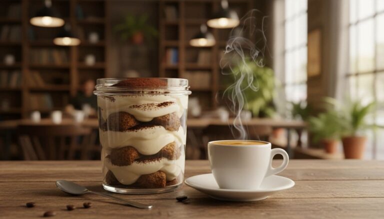 Easy coffee tiramisu dessert in a glass jar beside espresso on a rustic table.