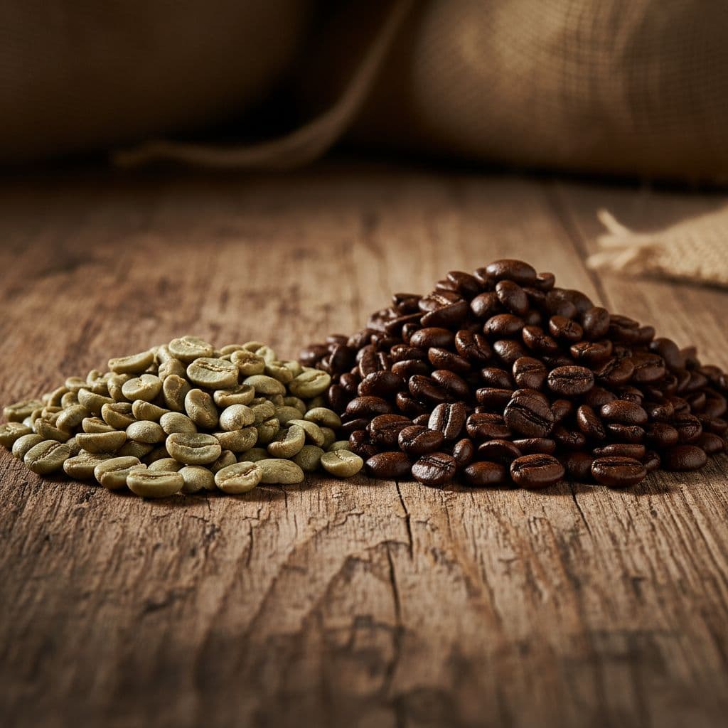 A pile of unroasted light green coffee beans sits alongside dark brown roasted beans on a rough wooden surface. Dramatic side lighting highlights the distinct color contrast and textures between them.