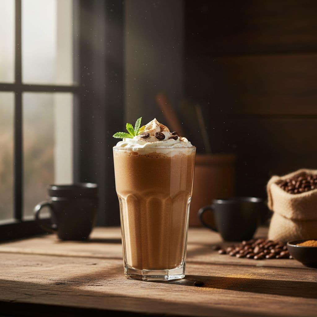 A tall glass of creamy coffee smoothie sits on a wooden counter in soft morning light.