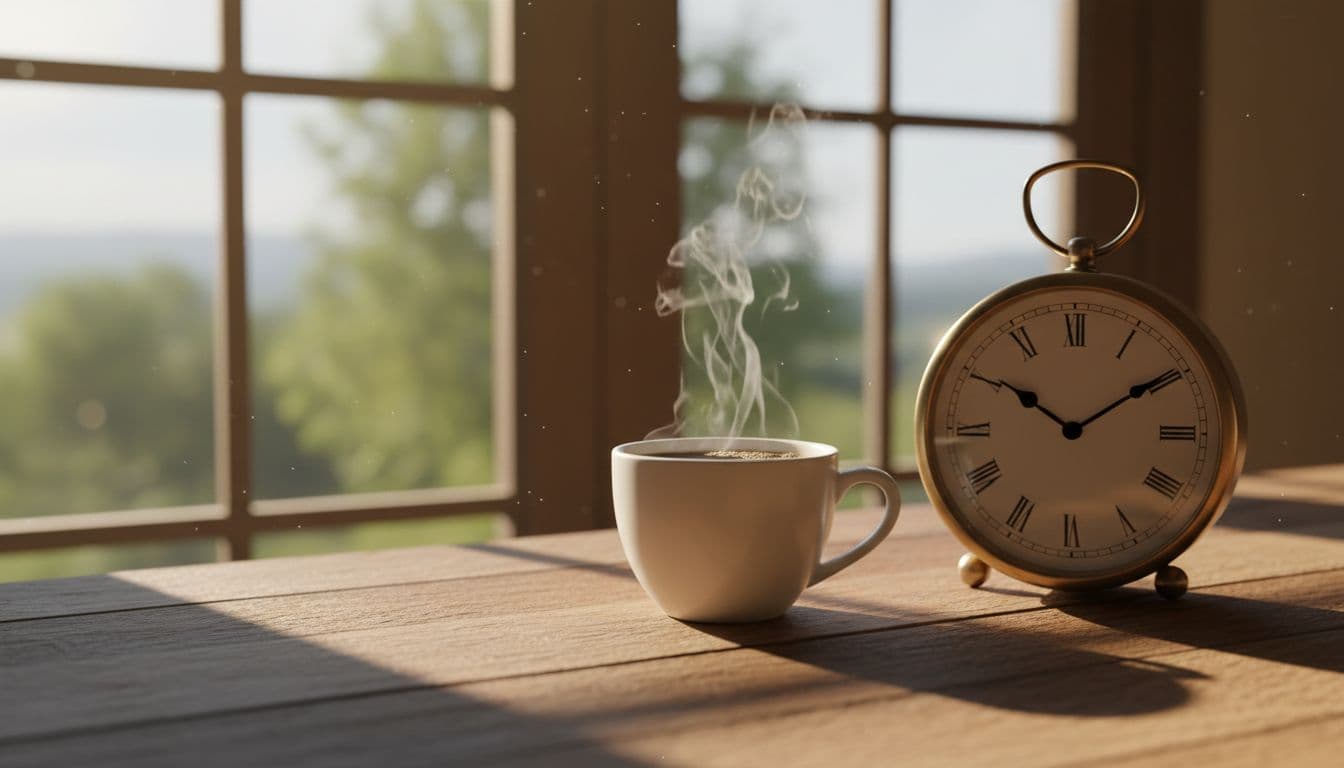 Steaming coffee cup on wooden desk next to analog clock showing 10 AM with morning sunlight through window.