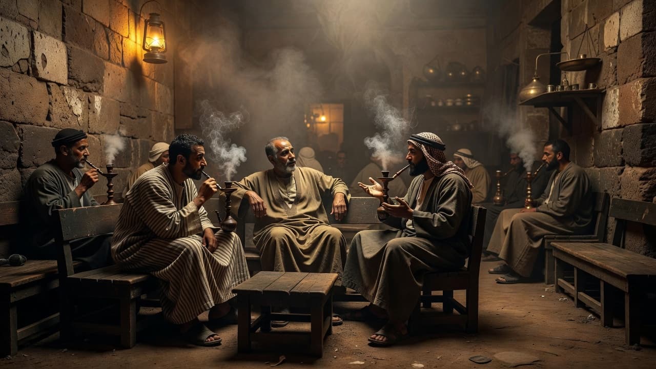 Three men sit on low wooden benches inside a dim stone coffeehouse in 1850 Cairo. Hazy smoke drifts through the room, while dramatic light accentuates the rugged textures of the stone walls.