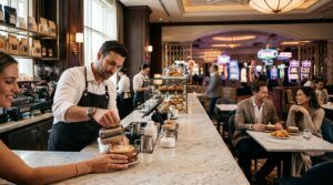 Luxury casino coffee shop serving espresso drinks inside a resort casino.
