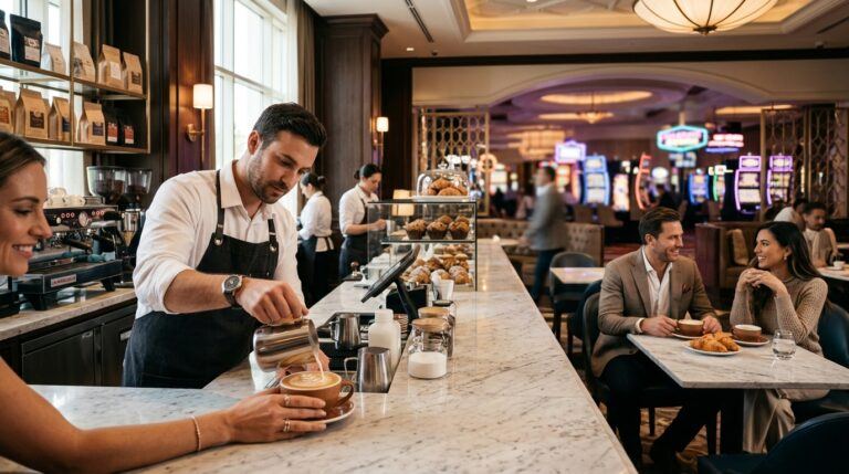 Luxury casino coffee shop serving espresso drinks inside a resort casino.