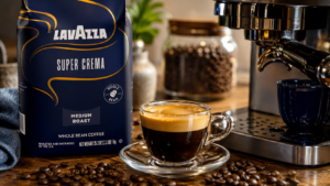 Freshly brewed espresso made with Lavazza Super Crema whole bean coffee showing rich golden crema and classic Italian espresso character.