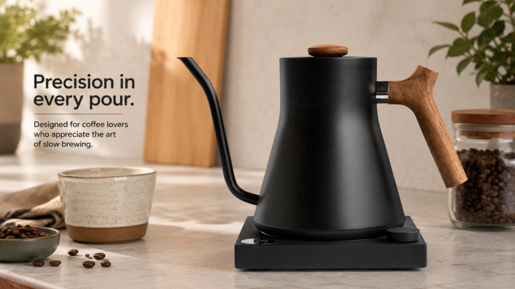 **Alt description:**
Fellow Stagg EKG electric gooseneck kettle in matte black with a walnut handle and lid pull, styled on a clean kitchen countertop in a warm lifestyle product placement scene. Coffee beans, a ceramic mug, and soft natural light frame the kettle to emphasize its modern pour-over design.
