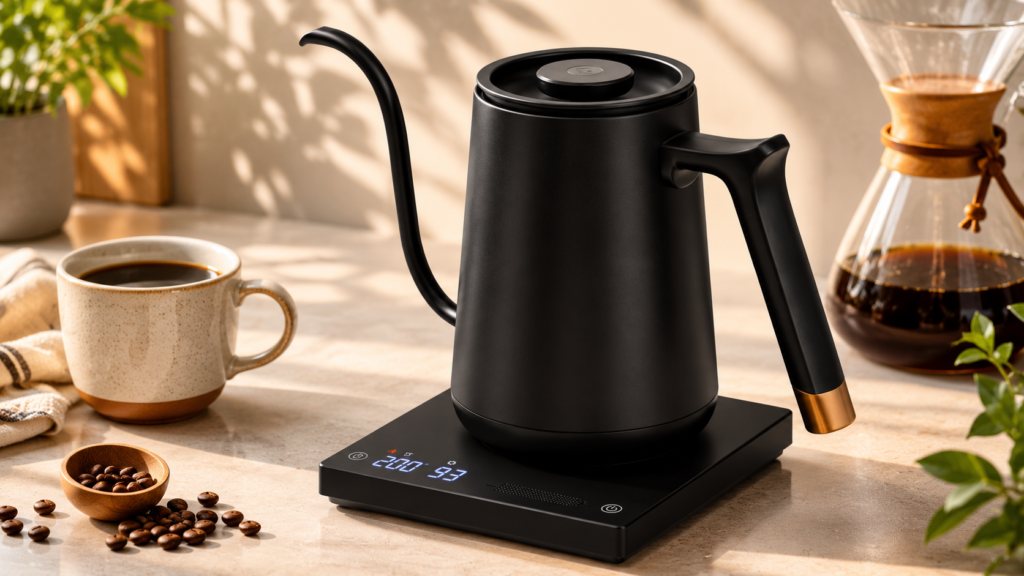 TIMEMORE Fish Smart Electric Coffee Kettle in matte black with a slim gooseneck spout, shown in a warm kitchen product placement scene on its digital base beside coffee beans, a ceramic mug, and pour-over brewing gear.