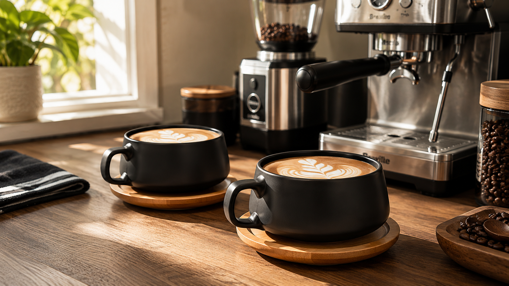MIAMIO 11 oz cappuccino cup set with bamboo saucers being unpacked on a home coffee bar.