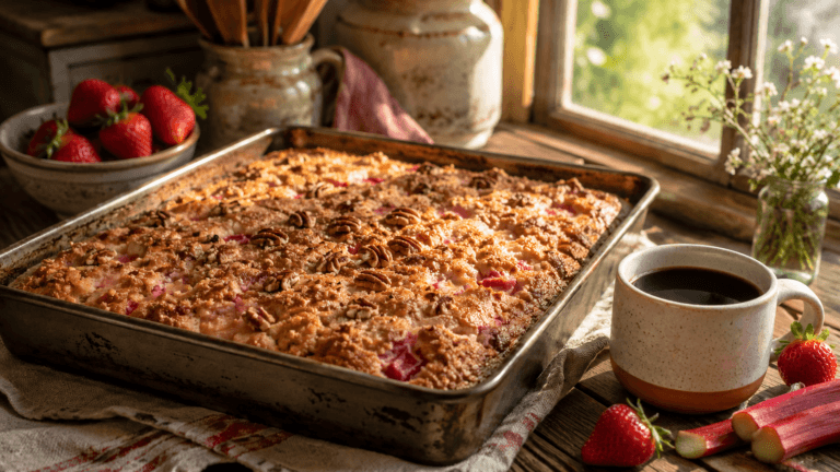 Freshly baked rhubarb coffee cake with brewed coffee, strawberries, and pecan topping in a rustic baking pan beside a cup of black coffee.
