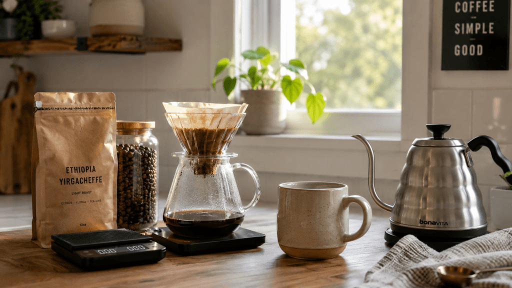 Home pour-over coffee setup with fresh beans and grinder on a kitchen counter.