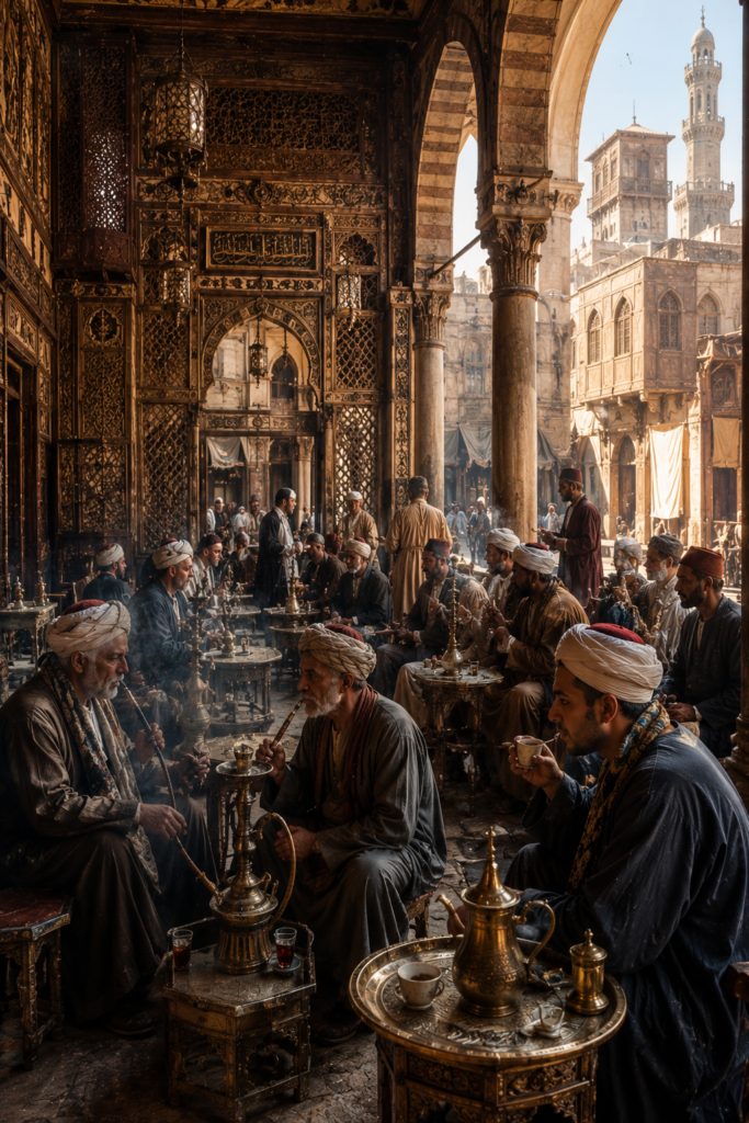 Egyptian coffeehouse in Cairo, 1850, traditional mashrabiya screens, hookahs, brass coffee pots, merchants and travelers gathered beneath ornate arches, men wearing historically accurate galabiyas and turbans, warm desert sunlight filtering into the café, richly detailed textures and architecture