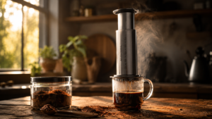A beautifully crafted AeroPress brewing setup on a rustic wooden kitchen counter during sunrise, fresh coffee grounds beside the brewer, steam rising from a ceramic mug, golden morning light streaming through a nearby window