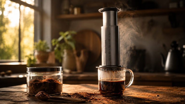 A beautifully crafted AeroPress brewing setup on a rustic wooden kitchen counter during sunrise, fresh coffee grounds beside the brewer, steam rising from a ceramic mug, golden morning light streaming through a nearby window