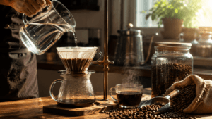 Best water for coffee used in a pour-over brewing setup with fresh coffee beans, glass carafe, and steaming brewed coffee in warm natural light.