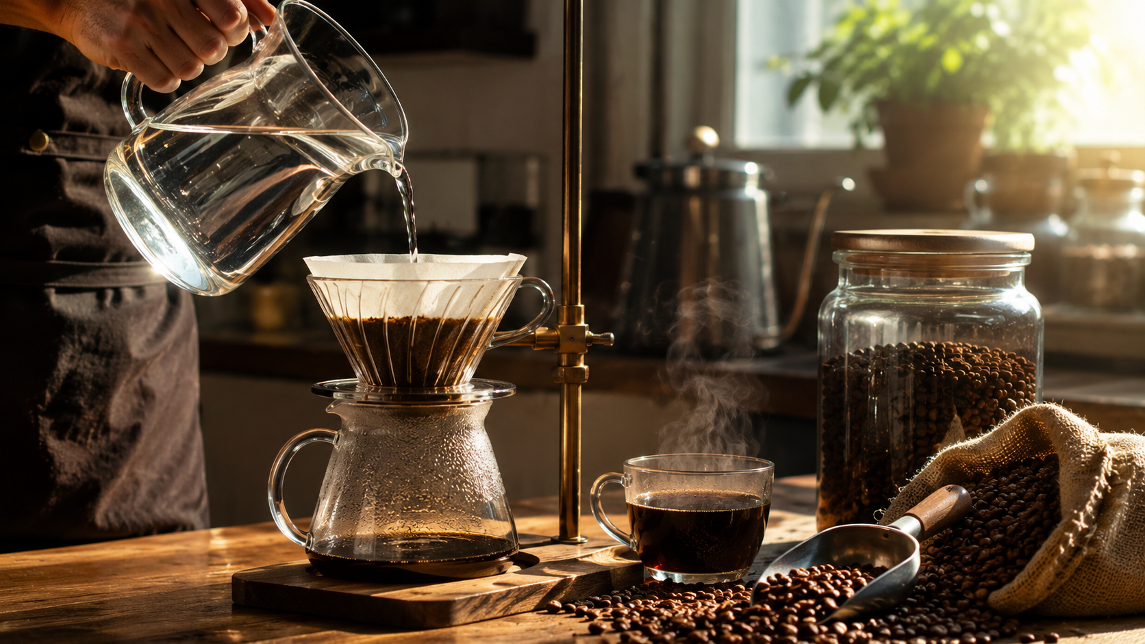 Best water for coffee used in a pour-over brewing setup with fresh coffee beans, glass carafe, and steaming brewed coffee in warm natural light.