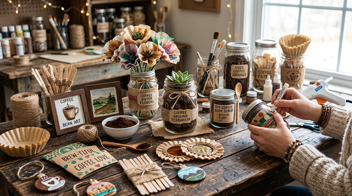 Coffee crafts made from used coffee grounds, coffee filters, jars, and recycled coffee supplies arranged on a craft table