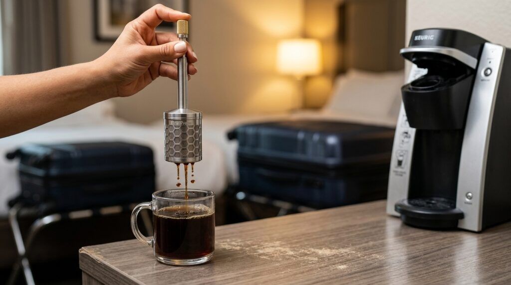 shows the final press being used in a hotel setting