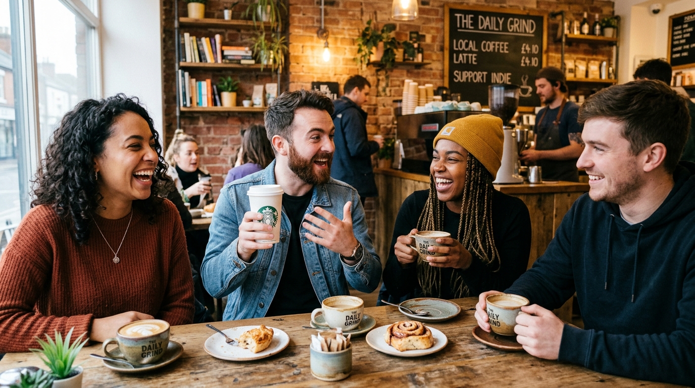 Friends joking over coffee while debating Starbucks and independent coffee shops.
