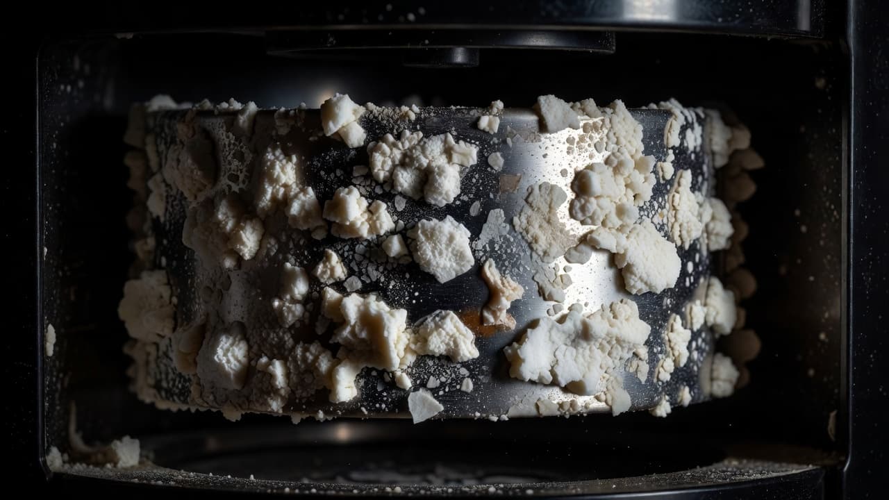 A close-up view of a metallic heating element inside a coffee machine, heavily coated in thick, white mineral deposits. Dramatic lighting highlights the rough texture of the calcified scale buildup.