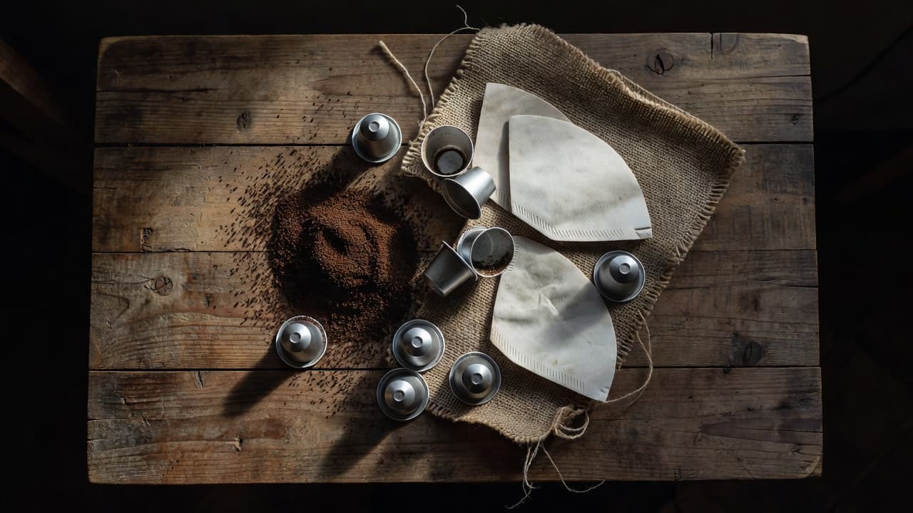 A top-down view showcases used coffee grounds, discarded aluminum pods, and crumpled paper filters resting on a weathered wooden table. A segment of coarse burlap adds texture to the rustic composition.