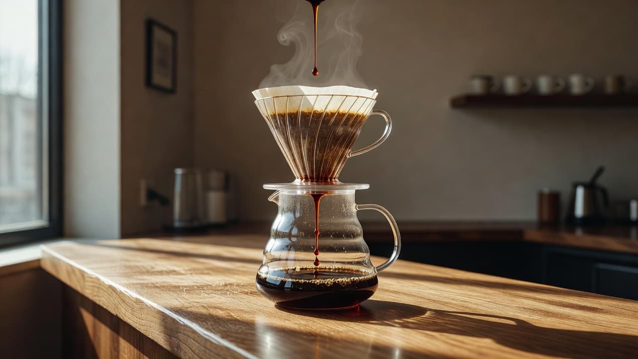 A glass dripper rests atop a clear carafe on a warm wooden counter. Golden coffee droplets fall into the container, illuminated by soft natural light streaming from a nearby window.