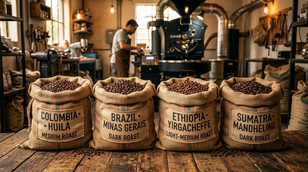 Coffee beans from Colombia, Brazil, Ethiopia and Sumatra displayed in burlap sacks.