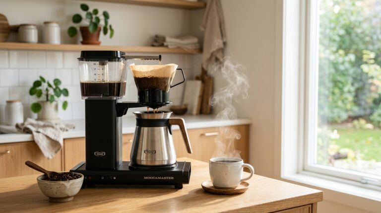 Modern drip coffee maker brewing fresh coffee on a bright kitchen countertop with a thermal carafe and coffee mugs nearby.