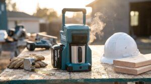 Makita CM501DZ rechargeable coffee maker brewing coffee on a construction jobsite table with tools nearby.