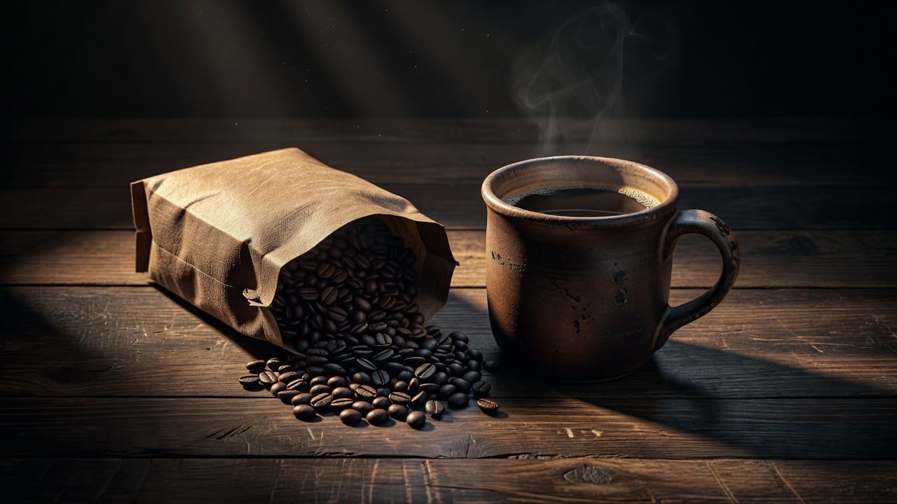 A dark coffee mug beside a bag of coffee on a wooden table in low warm light.