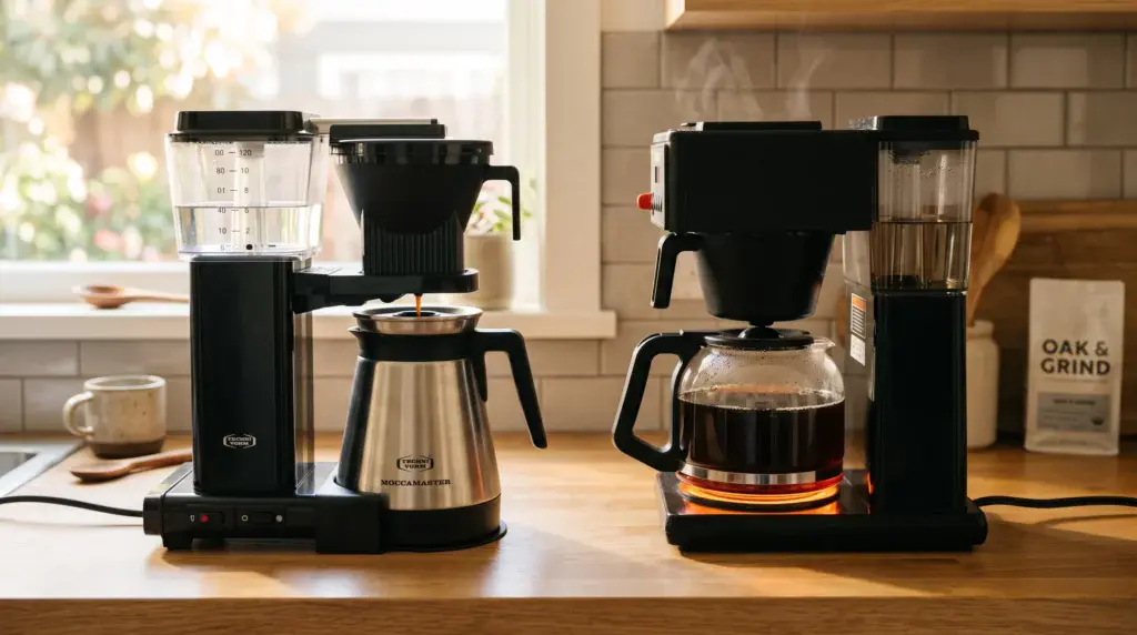 Thermal coffee carafe beside a traditional glass coffee pot on a warming plate.