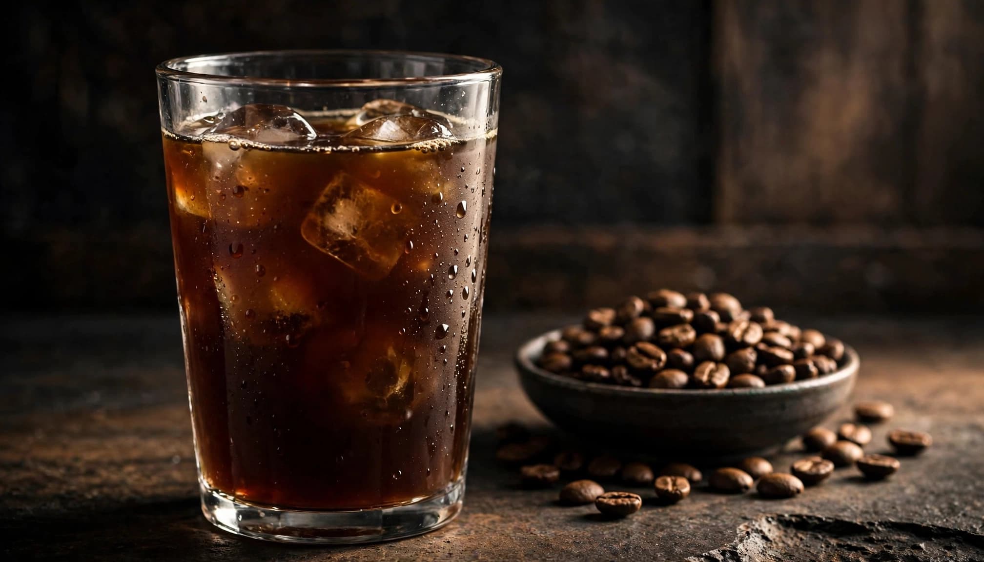 Iced cold brew in a clear glass with coffee beans behind it.