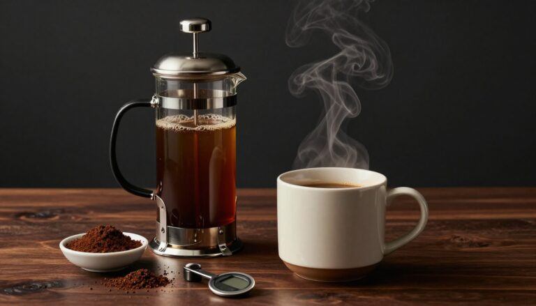 Golden coffee pours from a glass French press into a ceramic mug beside grounds and a scale.
