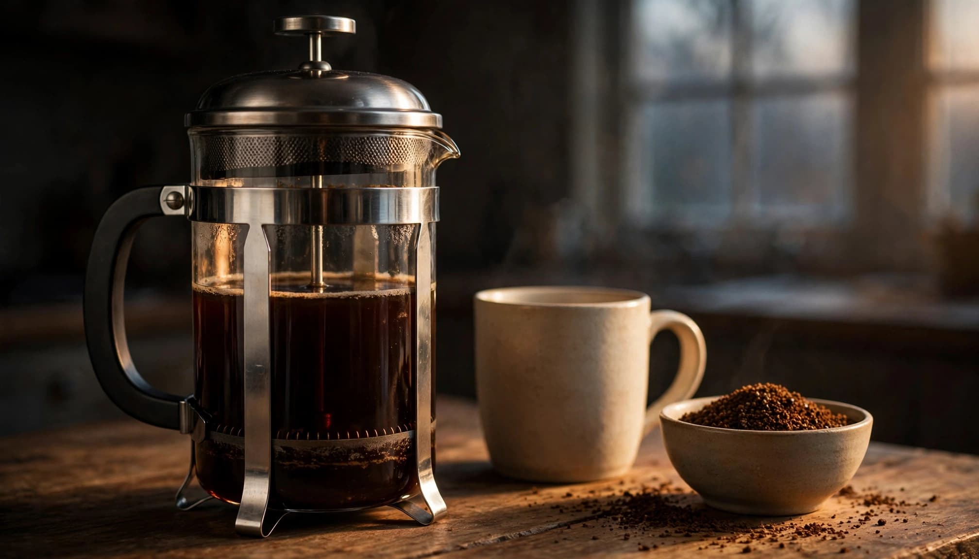 A glass French press, ceramic mug, and bowl of coffee grounds sit on a wooden counter.