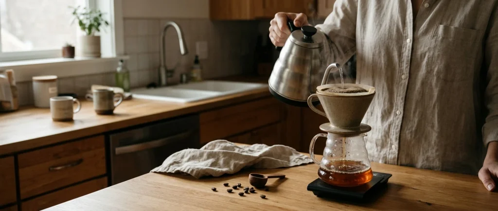 Gooseneck kettle pouring water over coffee grounds in a pour over dripper on a scale