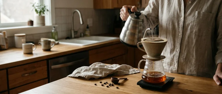 Gooseneck kettle pouring water over coffee grounds in a pour over dripper on a scale