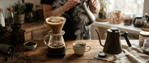 A cup of pour-over coffee beside a kettle, illustrating how brewing water temperature affects extraction and flavor.