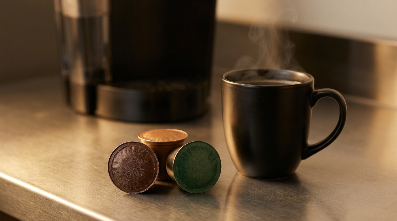 Black Rifle Coffee Rounds and K-Cups pods arranged on a counter next to a single-serve brewer